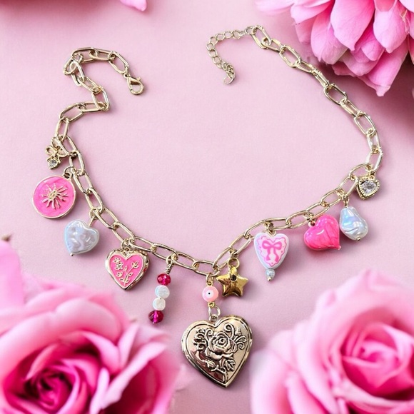 Pink and gold charm necklace Girly and Cute Coquette girl aesthetics Adorable - Picture 8 of 17